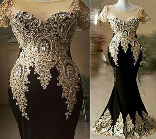 

elegant dubai black long mermaid evening dresses crystals beads appliqued gold lace short sleeve floor length formal prom party we1625882, Black;red