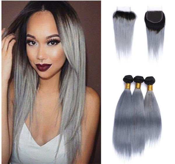 

two tone 1b grey brazilian virgin hair weave lace closure with bundles straight human hair extensions ombre silver gray hair with 1073292, Black;brown