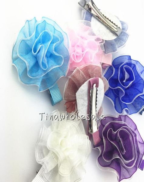 

solid color chiffon voile flower with alligator clip for baby hair accessory dress decoration 24pcs4966330, Slivery;white