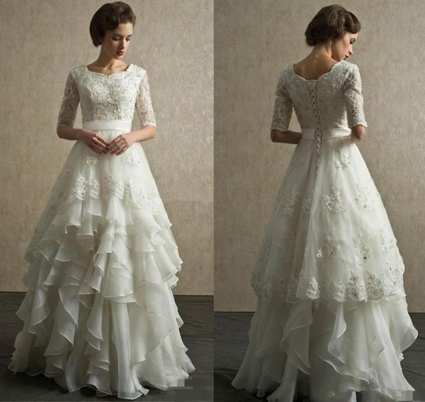 

vintage half sleeves wedding dresses scoop neck appliqued beaded tiered organza floor length country beach wedding gowns lace up1283282, White