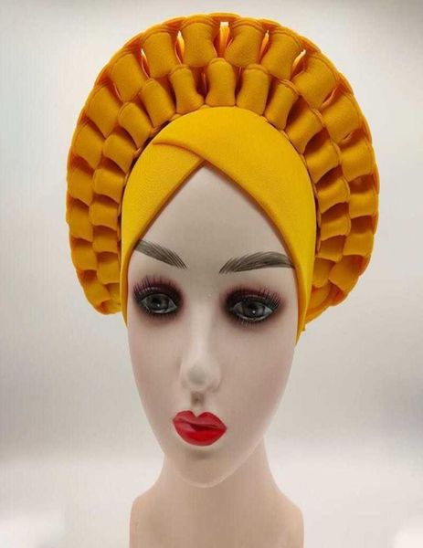 

2020 fashion wedding headwear plain handmade auto gele already made ladies nigerian african head wraps muslim turban bonnet x08032692953, Blue;gray