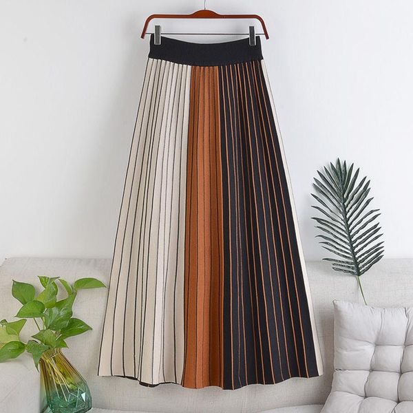 

capris women skirt high waist knitted midi skirt striped pleated patchwork simple elegant skirt spring autumn winter faldas femme 2022, Black;white