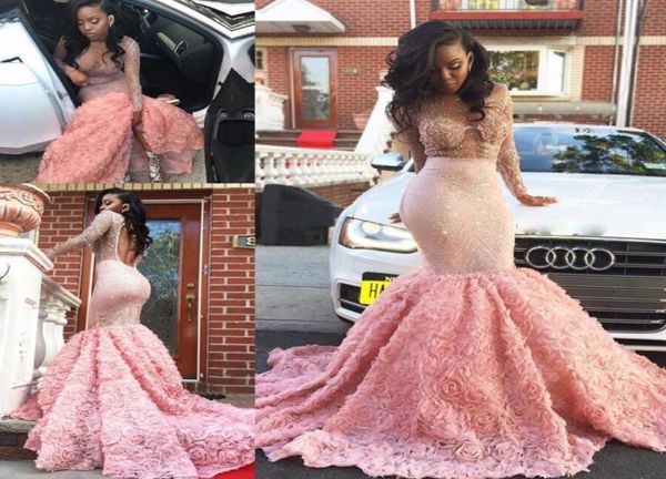 

south african pink long sleeve prom dresses see through sheer neckline mermaid evening gowns open back formal vestidos party 5237993, Black