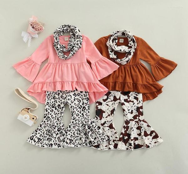

clothing sets kid girl 3piece suit long ruffle sleeve alined wideleg dye printed casual trousers scarf 9m4t6199843, White