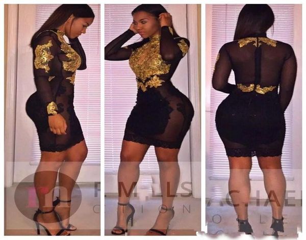 

gold applique lace sheath black short prom dresses long sleeves tulle cocktail party gowns plus size women formal gown9904631