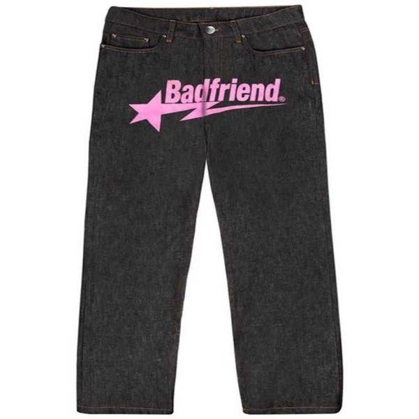 

mens jeans y2k hip hop badfriend letter printing baggy black pants harajuku fashion punk rock wide foot trousers streetwear 230322 1brw7, Blue