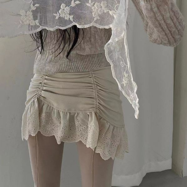 

skirts vintage drawstring pleated asymmetric casual mini skirt women summer high waist lace stitching slim a-line skirt 230628, Black