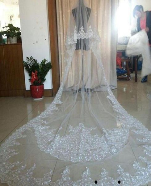 

bridal veils real image wedding long lace applique crystals two layers cathedral length blusher veil4109212, Black