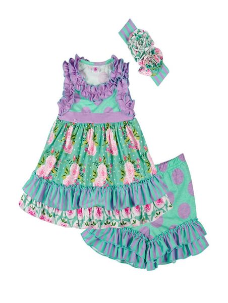 

vintage girls dress clothes kids lovely ruffle striped print with ruffle shorts and headband children clothing set4569944, White