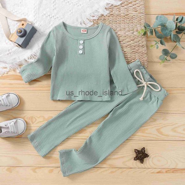 

t-shirts childrens ribbed t-shirt and trousers suit fashion solid color long sleeve and long pants x0628, Blue