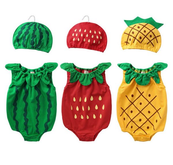

2019 summer baby onepiece romper cute fruit modelling pure cotton toddler costume with hat newborn baby clothes 708090 9setlot3513431, Blue