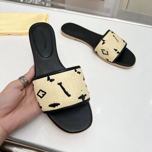 

paris summer slipper beach luxury designer platform sandals espadrilles letter embroidery monograms flower straw woven flat slides womens wa, Black