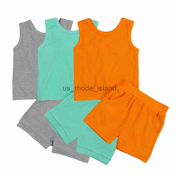 

t-shirts new boys clothes two piece set infant kids sleeveless shirt and solid color short pants set x0628, Blue