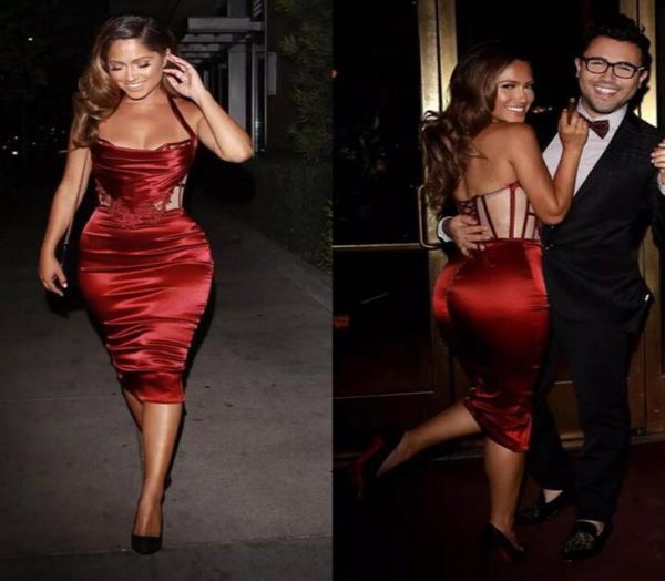 

2017 dark red elastic silk like satin short sheath cocktail dresses for women halter lace up back kneelength party gow7458617, Black