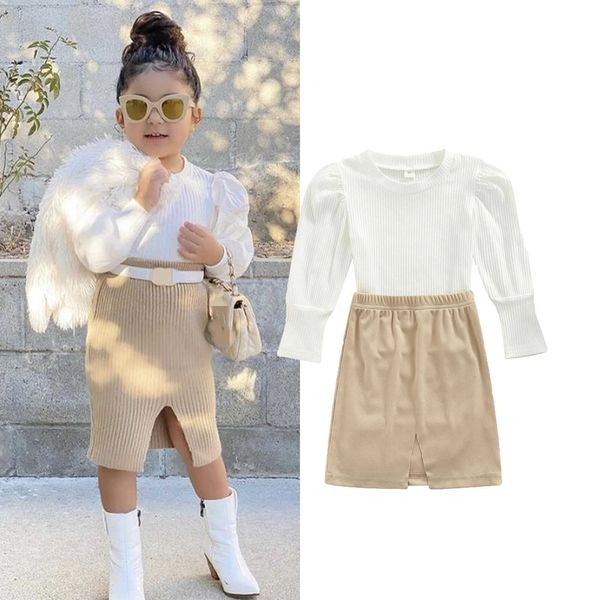 

t-shirts 1-5years girls outfits two piece suit fashion solid color puff sleeve and split mid-length skirt x0628, Blue