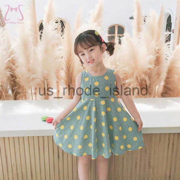 

t-shirts summer kids girls' polka dot dresses plaid sleeveless children's clothes round neck simple toddler costume 1 to 6 years o, Blue
