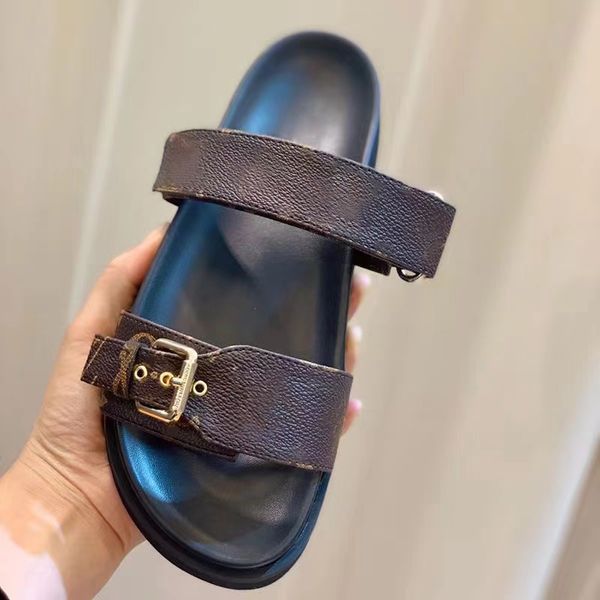 

designer bom dia slippers sliding sandals summer flat shoes leather flat shoes women's beach fashion sliding 2 straps with adjustable g, Black