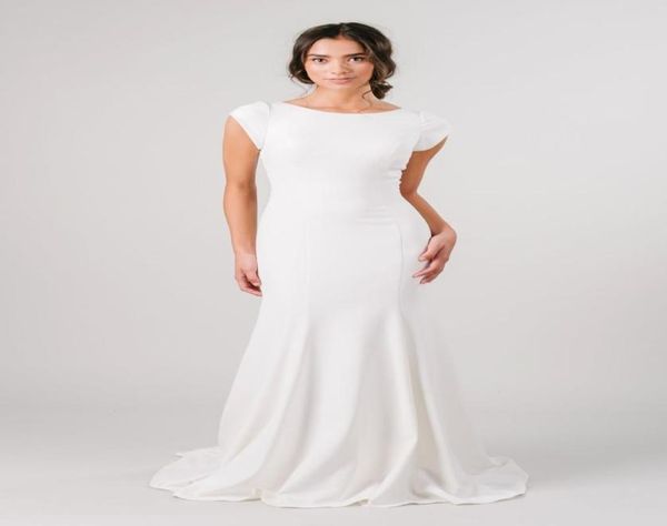 

new arrival simple eelegant crepe modest wedding dresses with cap sleeves jewel neck buttons back mermaid modest bridal gowns cust6588580, White