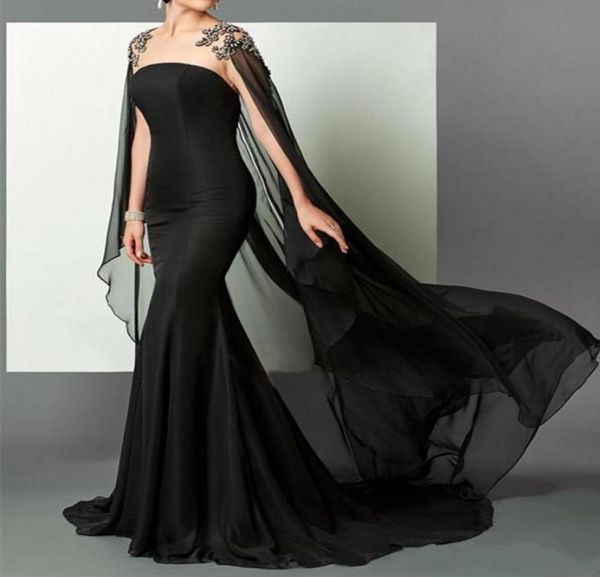 

2020 black mermaid arabic formal evening dresses elie saab beaded chiffon with cape african prom party gown pageant celebrity dres9840949, Black;red