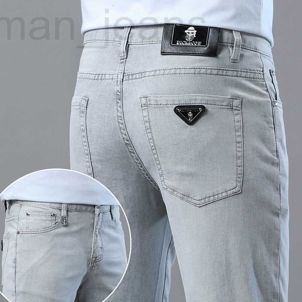 

men's jeans designer brand's summer thin denim jeans, men's light gray slim fit, small straight tube, elastic mid rise, luxur, Blue