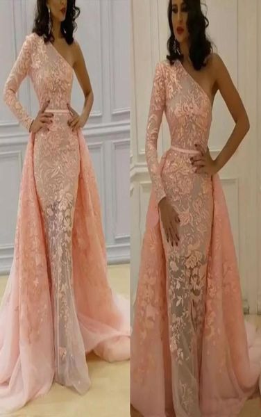 

middle east pink lace arabic evening dresses one shoulder overskirt prom dresses long sleeves formal party gowns pageant dress swe6913564, Black;red