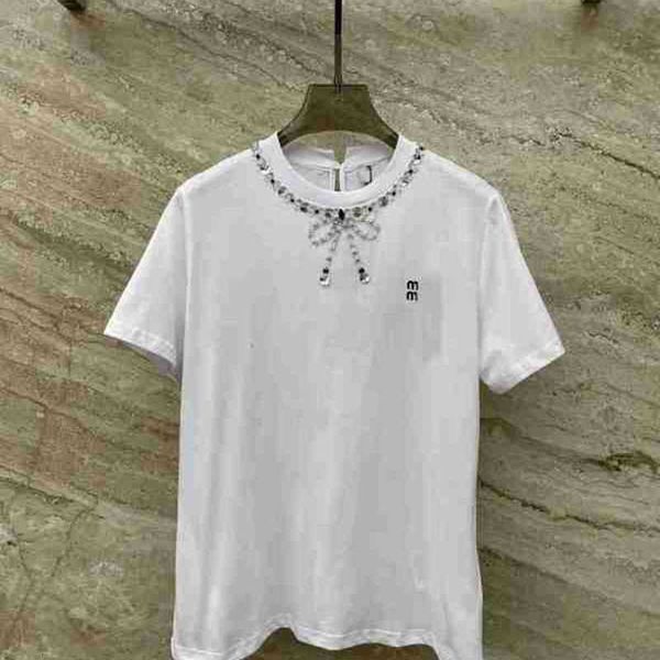 

women's t-shirt designer 23 spring/summer new order diamond water bow neckband decoration round neck short sleeve t-shirt urgx, White