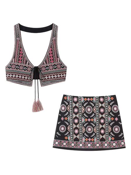 

two piece dress traf 2023 summer women's embroidered tank and vintage high waist skirt mini set streetwear 230627, White