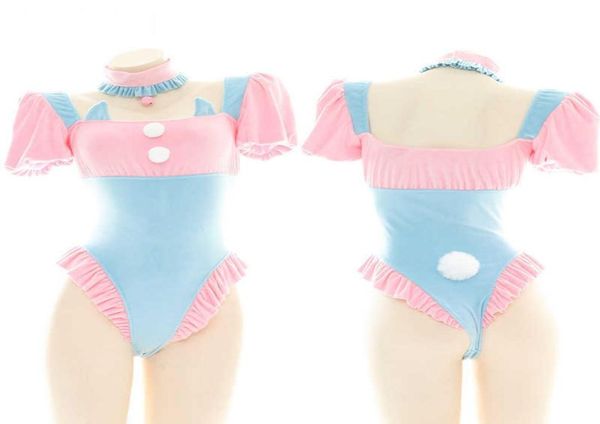 

cosplay wigs lolita blue pink puff sleeve bodysuit cute cat ears ruffle swimwear japanese school girl cosplay sukumizu maid unifor8837880, Black