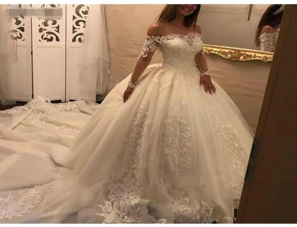 

vintage lace appliques princess ball gowns strapless wedding dresses off the shoulder sheer long sleeves bride dresses wedding gow6257294, White