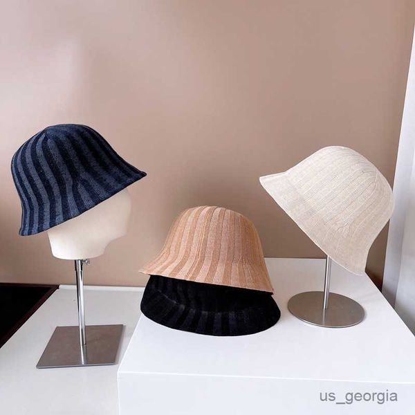 

caps striped fisherman hat women summer breathable sunscreen knitted hat simple versatile double-sided basin hat r230628, Blue;gray