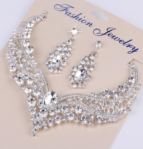 

full crystal bridal wedding jewelry sets silver color rhinestone women earrings necklace sets engagement jewelry for bride5411335, White