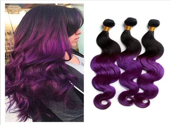 

virgin malaysian human hair 1b purple two tone hair bundles body wave wavy dark roots purple ombre malaysian hair wefts extensions5043707, Black