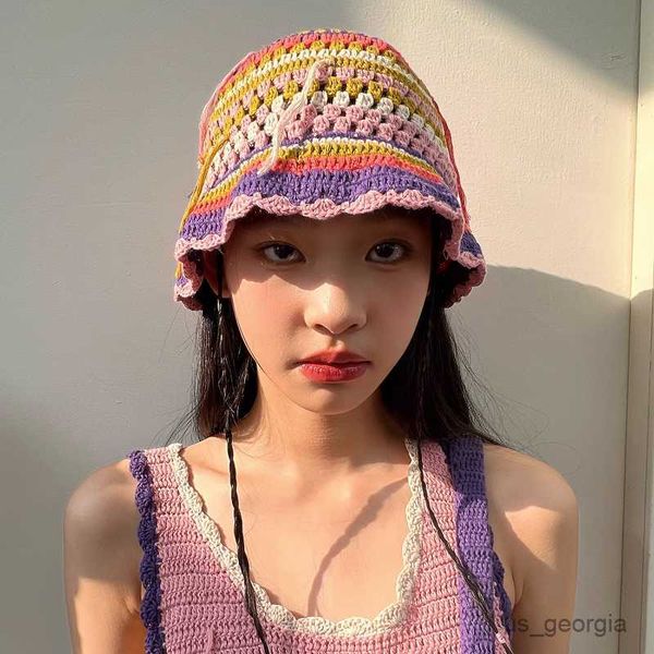 

caps 2023 new hand hook striped lace bucket hat women's design fashion retro spring and autumn knitted basin cap mujer r230628, Blue;gray