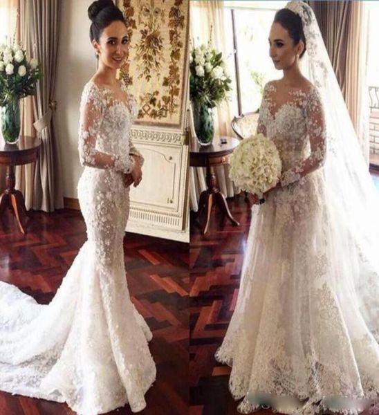 

2017 full lace mermaid vintage wedding dresses with removed overskirt appliques illusion long sleeves bridal gowns detachable trai8214025, White