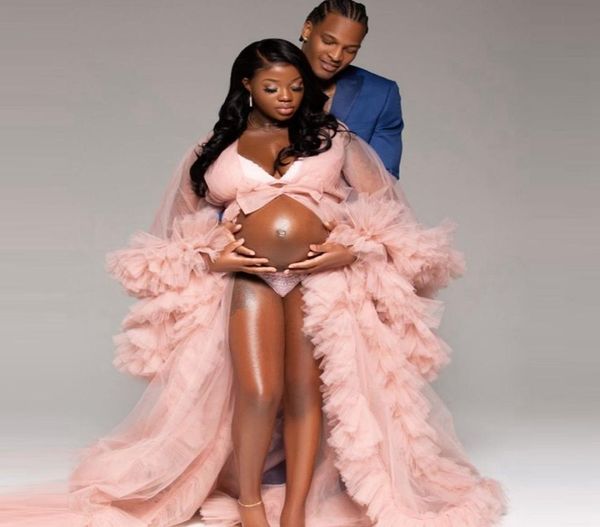 

chic blush pink tulle maternity robes women sheer long poshoot fluffy tiered dress formal event overlay sleepwear 20218381791, White