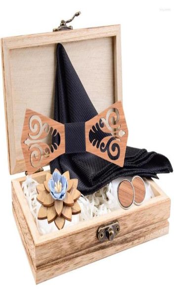 

bow ties design hollow crave self wooden tie set red bule silk pocket square cufflinks brooch sets for men wedding dress gift box6477622, Black;gray