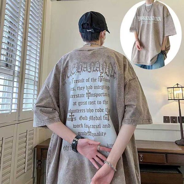 

brand short trendy sleeved high street washed t-shirt for men with american design sense, niche loose fitting insets for couples stussysi js, White;black