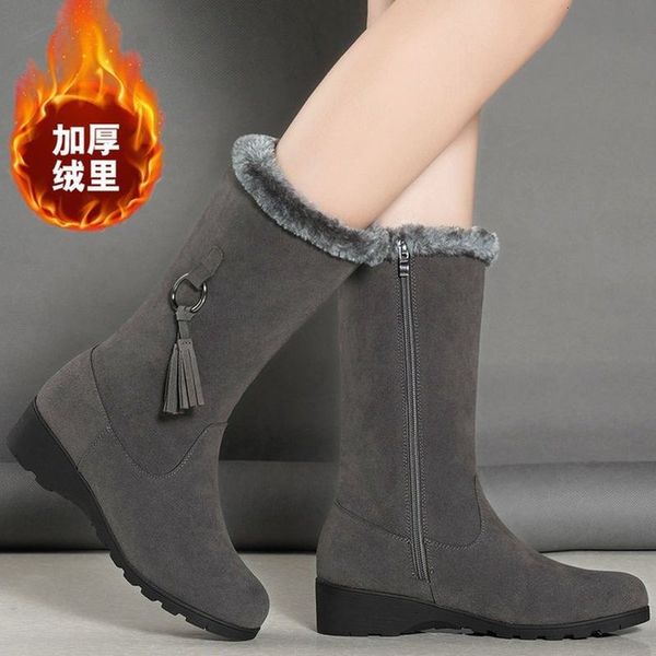 

boots winter women s snow boots side zipper round toe mid tube woolen cotton plus velvet padded wedge heel shoe 230628, Black