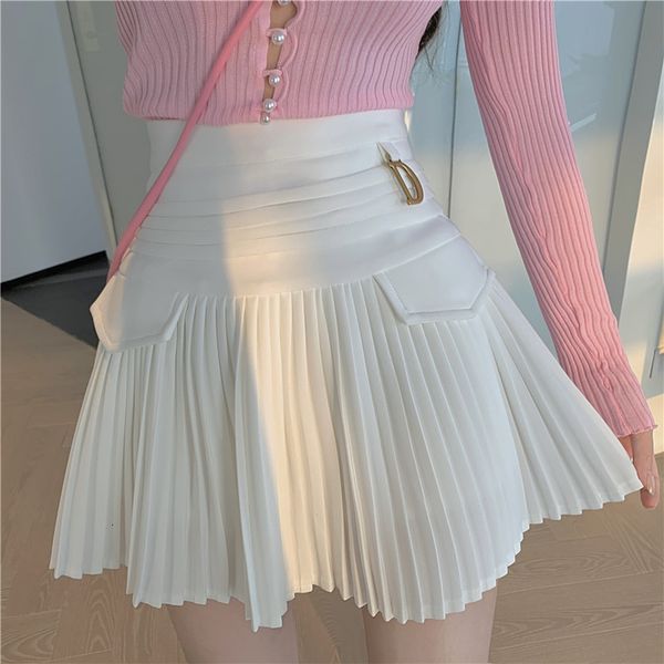 

skirts white pleated skirts casual slim college women high waist mini metal letter d a-line clubwear korean fashion style 230628, Black