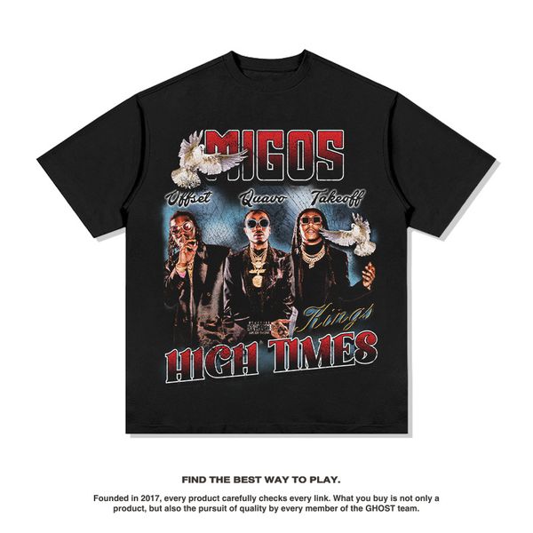 

european and american hip hop team printed american street long sleeve short sleeve vintage wash to do old heavy fashion brand t-shirts, White;black