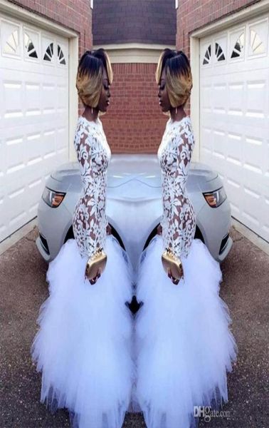 

2018 african white mermaid lace prom dresses for black girls long sleeves ruffles tulle floor length plus size evening prom gowns 6785542