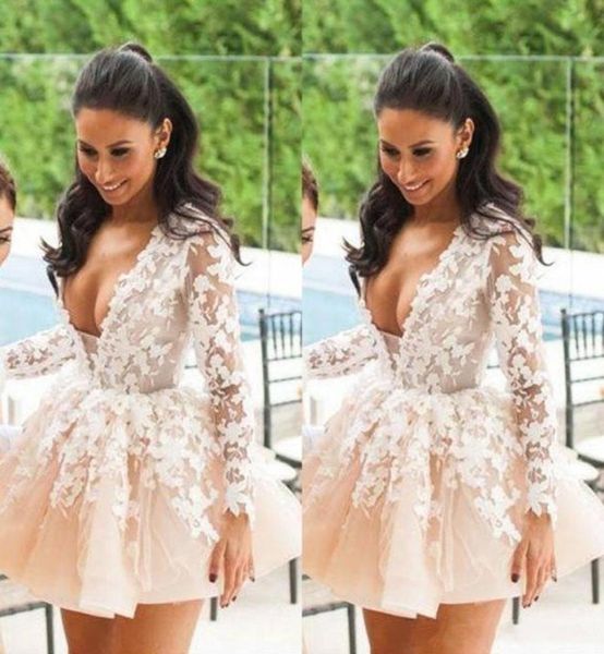 

v neck short mini homecoming dresses 2019 long sleeve lace applique short prom dress formal party evening gowns9757391, Blue;pink