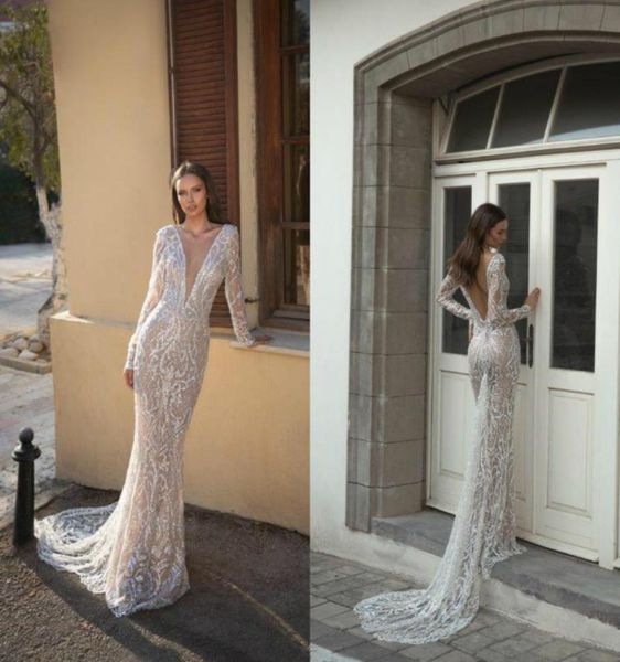 

julie vino mermaid wedding dresses deep v neck lace applique sequins backless wedding dress long sleeve bridal gowns vestidos4302076, White