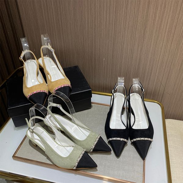

designer slipper new slingback sandals flip flop woman heel pointed won chain leather stack combination men slippers designers platform heel, Black