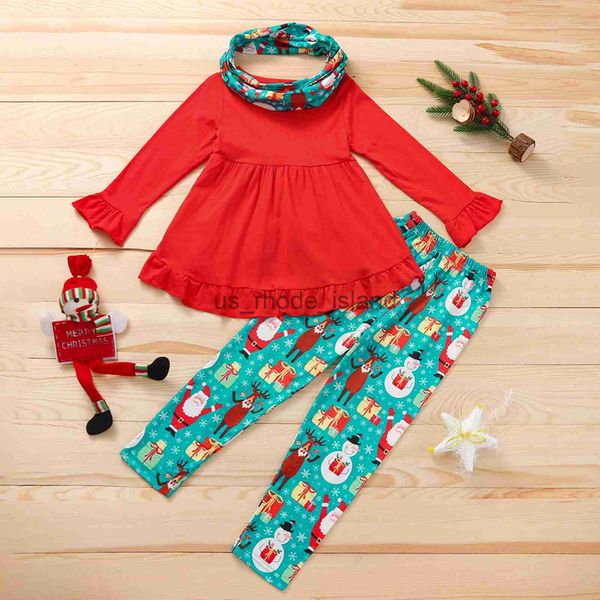 

t-shirts three piece girls clothes fashion solid color long sleeve and christmas long pants with bib x0628, Blue