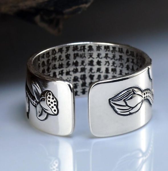 

fashion real 999 pure silver jewelry lotus flower open ring for men male fashion size buddhistic heart sutra rings gifts1564662