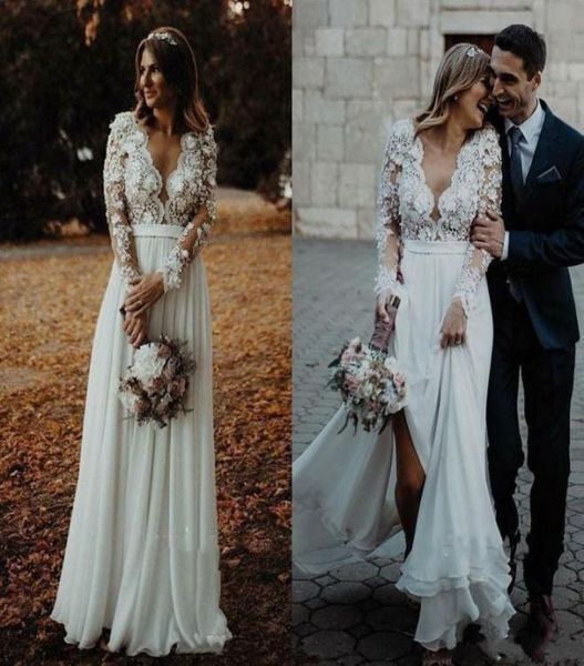 

2021 lace appliqued plus size bohemian wedding dress long sleeves v neck chiffon beach boho bridal gown4927534, White