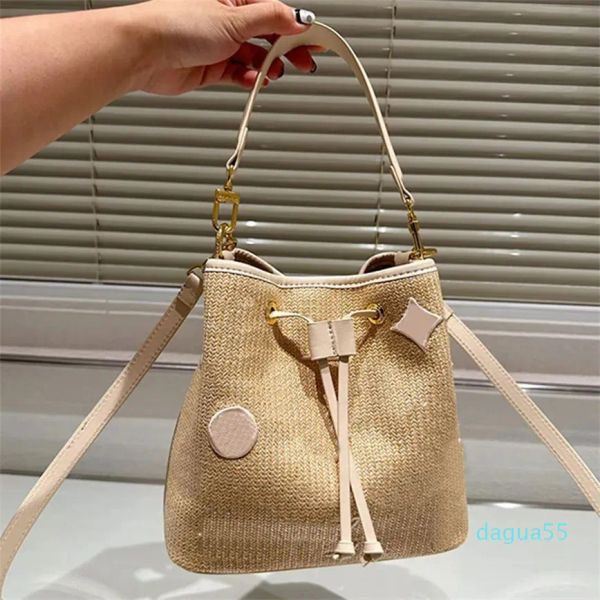 

2023 new fashion straw bucket bag women handbags fashion shoulder bags summer beach travel purse embroidered letter gold hardware removable