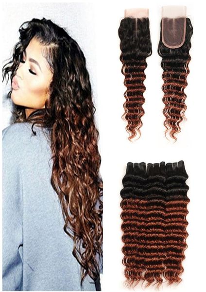 

brazilian 33 weaves 100 human hair extensions deep wave dark auburn ombre hair 3 bundles 8a dark brown hair with lace closure5406898, Black;brown