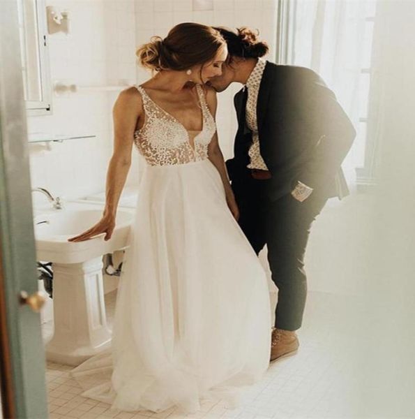 

deep v neck wedding dresses beaded backless bride summer wedding gowns sweep train tulle a line vestidos de fiesta8807623, White